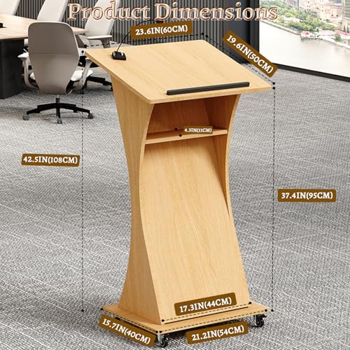 Image of Portable Wooden Podium Stand with Lockable Wheels, 42.5 inch Height Rolling Lectern for Churches, Lightweight White Pulpit, Perfect for Presentations & Events