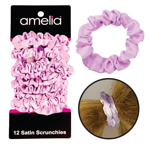 Amelia Beauty, Pink Satin Small Scrunchies, 12-Pack – No Damage