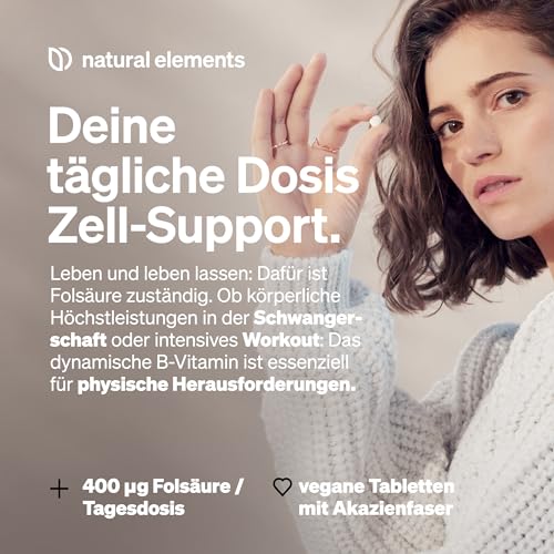 natural elements Folsäure – 400 Tabletten – 400 mcg pro Tagesdosis – Kinderwunsch und Schwangerschaft – vegan, hochdosiert, ohne unnötige Zusätze – in Deutschland produziert & laborgeprüft