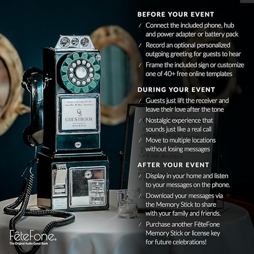 FeteFone The Public Vintage Audio Guest Book Phone, Unique Voicemail Message Recorder, Guestbook Alternative for Wedding, Bridal Shower, Birthday Party, Baby Shower, Anniversary, Engagement, Black