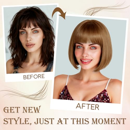 Image of PLULON Light Brown Short Bob Wig with Bangs for Women, Colorful Neon Short Bob Synthetic Hair Wigs with Hair Cap Heart Sunglasses for Adults Daily Bachelorette Halloween Costume Party Supplies