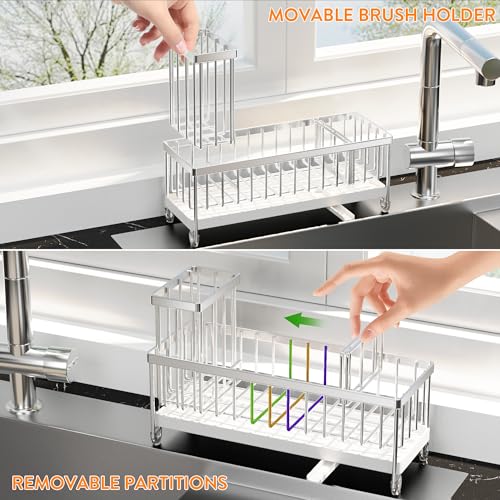 Image of Cisily Sponge Holder for Kitchen Sink, Sink Caddy Organizer with High Brush Holder, Kitchen Countertop Organizers and Storage Essentials, Rustproof 304 Stainless Steel (Large Silver, 10.62″)