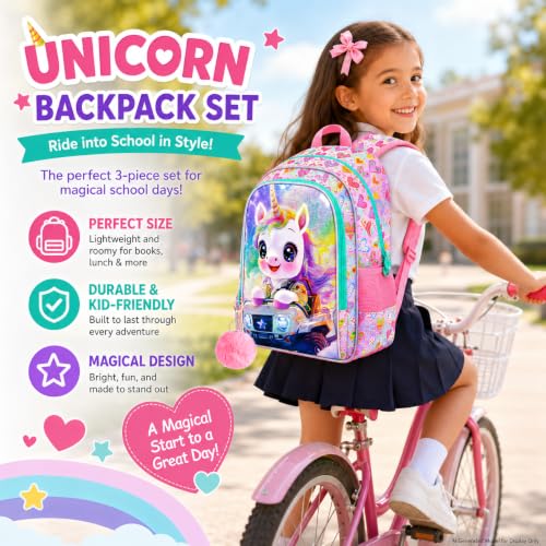 Image of HPJGD 3PCS Girls Unicorn Backpack Set, Kids Off-Roading Bookbag Set for Girls with Lunch Box, Cute Water Resistant Elementary School Bag for Preschool Toddler - Pink Unicorn Off-Roading