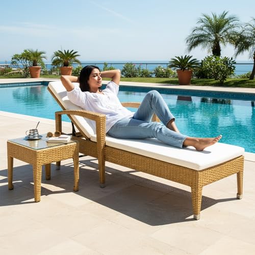 Image of DEVOKO Outdoor Patio Chaise Lounge Chair with Water Resistant Cushions and Matching Table with Glass Top for Garden, Pool, Beach, Yard, Deck (Beige & White)