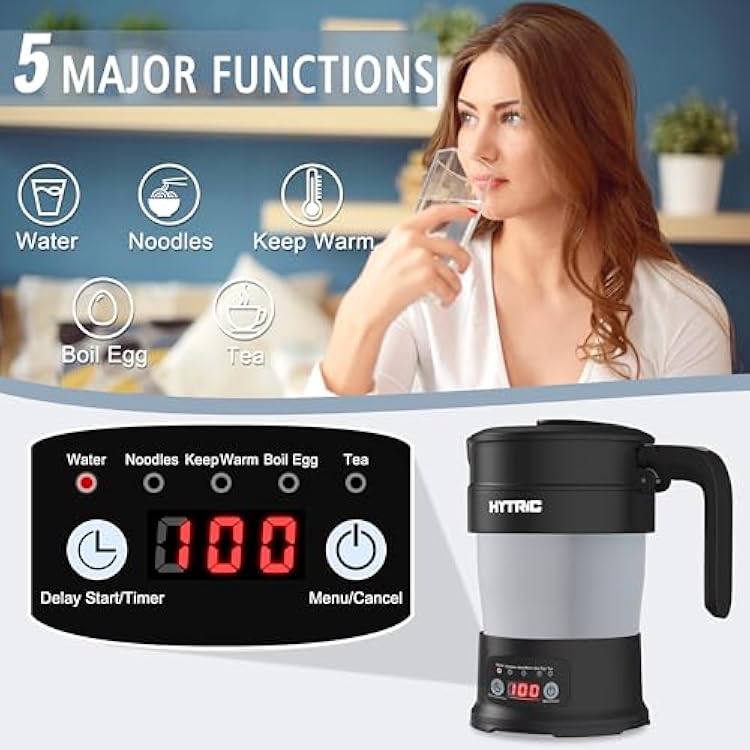 Hytric السفر غلاية كهربائية، 700 Ml طوي غلاية كهربائية صغيرة خالية من Bpa، غلاية محمولة مع لوحة متعددة الوظائف، غلاية ماء ساخن قابلة للطي مع الحفاظ على الدفء والتأخير في البداية، 110 V أسود