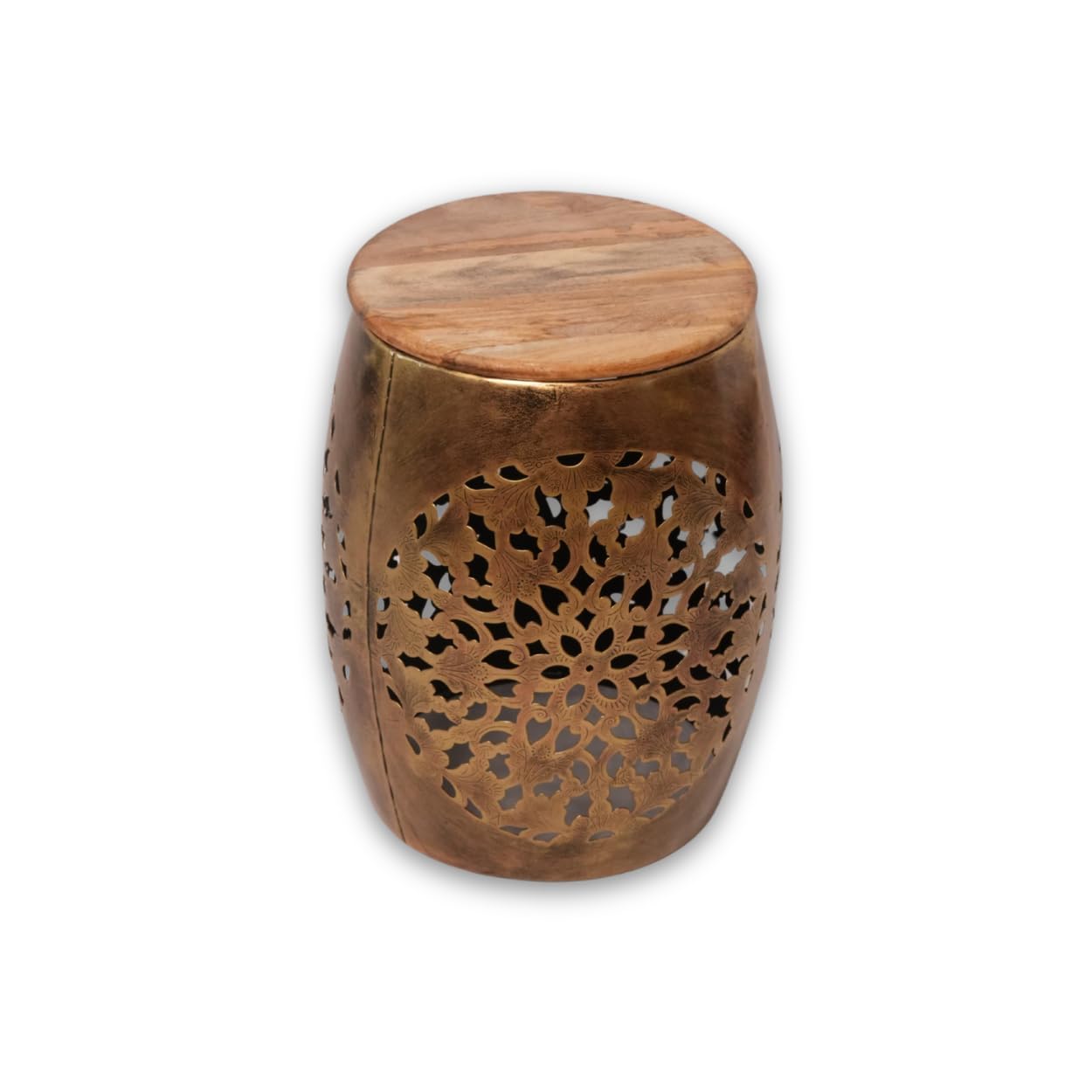 Handcrafted Metal Stool with Solid Wooden Top, Lightweight & Easy to Move, Antique Gold Finish, Decorative Floral Jali Cut Design, Ottoman, Living Room Furniture (Single Stool)-image-38