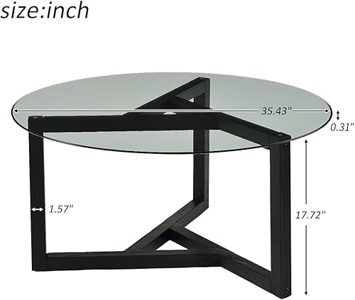 Miniatura 2 de Mesa de centro redonda de cristal, mesa de cóctel moderna, fácil de montar, con parte superior de vidrio templado y base de madera resistente,