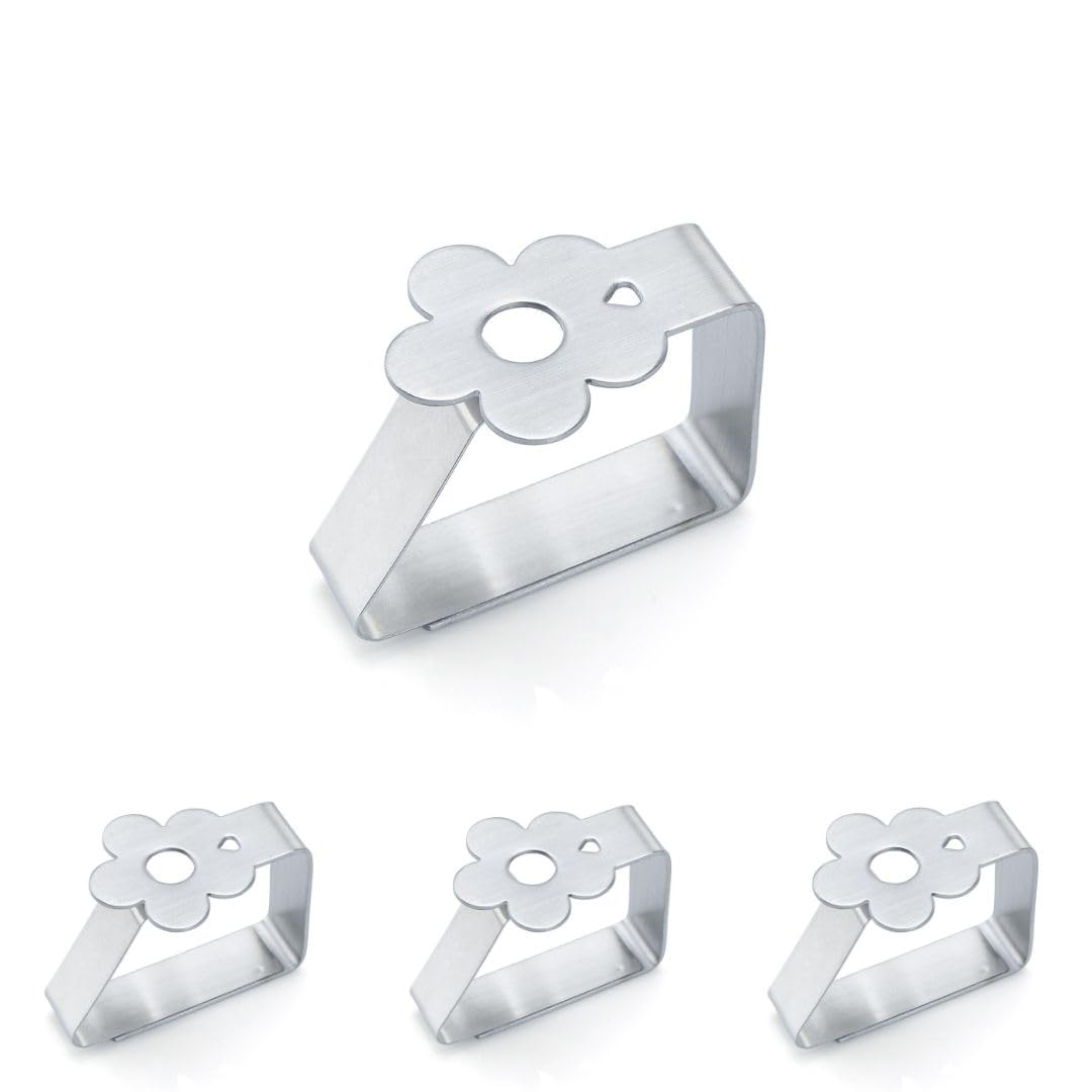 Pinzas para Mesa Exterior - Pack 4 - Clips Mesa de jardín Exterior - Sujeta manteles para Mesa de terraza - Agarra manteles - Acero Inoxidable - Accesorios Autocaravana (Flor)