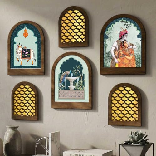 Image of Jharokha MDF Mirrors Home Decoration Items | Traditional Wall Decor Items for Living Room | Mirror Wall Hanging | Home Decor Items for Bedroom Office Set of 6 (9x12 inch & 7.5x9.5 inch)