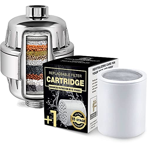 Aquahomegroup 15 Stage Shower Filter With Vitamin C For Hard Water - High Output Shower Water Filter To Remove Chlorine And Fluoride And Single Filter Cartridge Bundle #TOP15