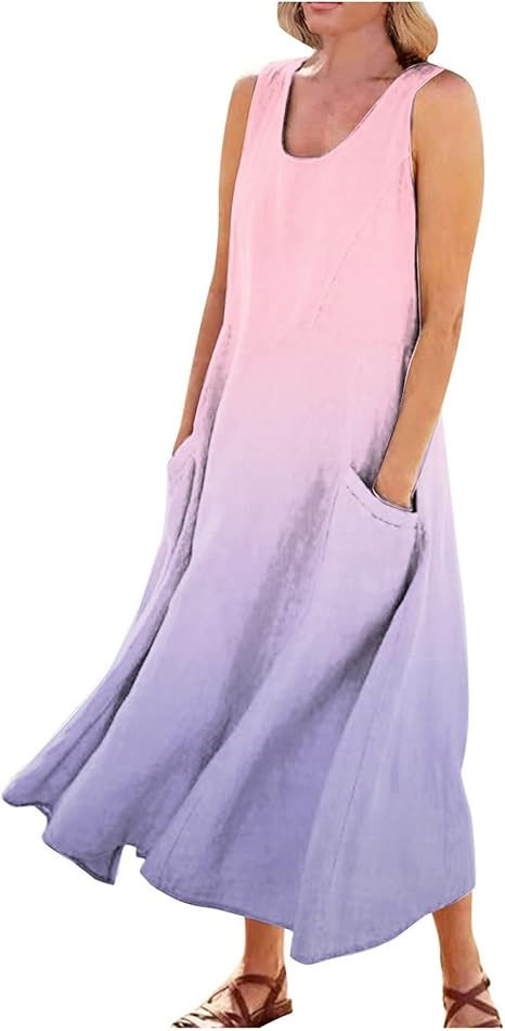 Plus Size Cotton Linen Summer Dresses for Curvy Women 2025 Sleeveless Maxi Vacation Beach Sundresses with Pockets