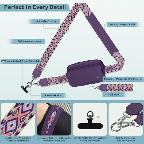 Image of YFWE Clip and Go Strap for Phone with Wallet Crossbody, Adjustable Phone Lanyard with Detachable RFID Wristlet Wallet, Pattern Strap - Dark Purple (L)
