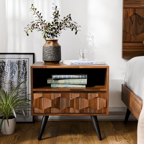 Image of Bme Georgina Solid Wood Nightstand with 1 Drawer & Open Shelf- Fully Assembled Mid Century Modern Side Table - Geometric Pattern Bedside Dresser for Bedroom and Living Room, Dark Chocolate