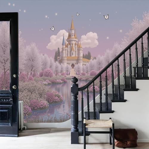 Papel pintado rosa con castillo 3D para transformar el dormitorio principal 6