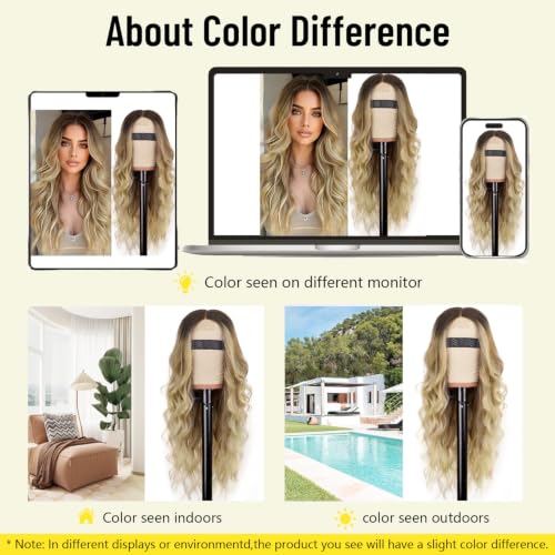 Image of AISI HAIR Blonde Wig for Women, Long Wavy Lace Hairline Blond Synthetic Middle Part Ombre Blonde Wigs for Daily Party-26 Inch