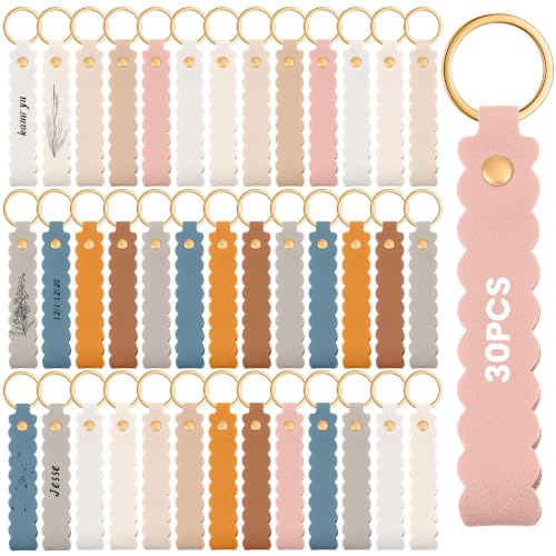 Image of Scalloped PU Leather Keychain Blanks Laser Engraving Blanks Loop Keychain Kit with Key Ring for DIY
