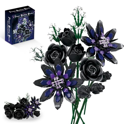 Image of Flower Bouquet Building Set, 12 Gothic Black Rose and Lotus Botanical Collection Building Block Toy Compatible with Lego Flowers for Adults Women Home Decor, Gift for Valentine, Mother's Day