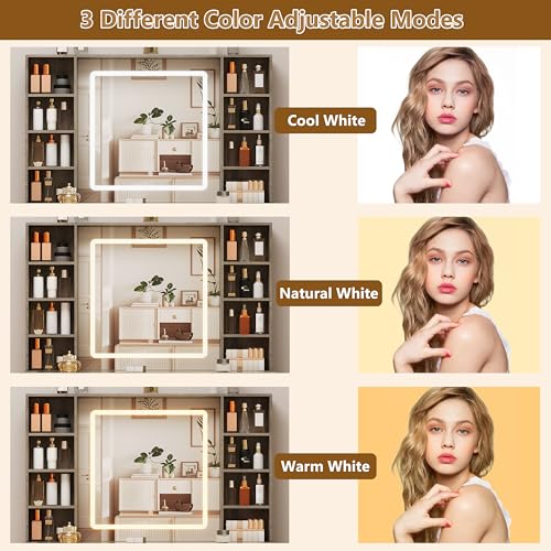 Image of Grey Vanity Desk with Mirror and Lights, Glass Top Vanity with Lighted Mirror & RGB Cabinet and 3 Drawers, Dressing Table with 8 Shelves, Makeup Desk with Lights for Girls Bedroom, 3 Color Modes
