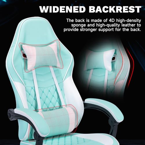 Image of Gaming Chair with Footrest for Home Office - High Back Computer Chair with Headrest and Lumber Support, Ergonomic Height Adjustable Leather Game Chairs (Green+White)