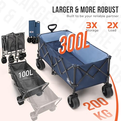 Overmont Faltbar Klappbar Bollerwagen mit Bremsen - Alle Gelände Räder - 300I großes Fassungsvermögen mit Seitentaschen Getränkehalter Verstellbarem Griff - bis 200 kg Tragkraft Blau – Bild 3