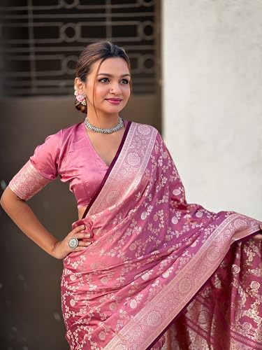 Image of Banarasi Satin Silk Zari Woven Dusty Color Saree with Unstitched Blouse Piece