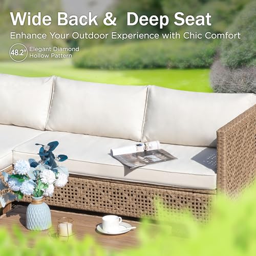 Image of PHI VILLA Outdoor Sectional Couch, Wicker Patio Furniture Set with Acacia Wood Coffee Table, L-Shape Small Outdoor Conversation Corner Sofa Set for Deck Porch, Beige