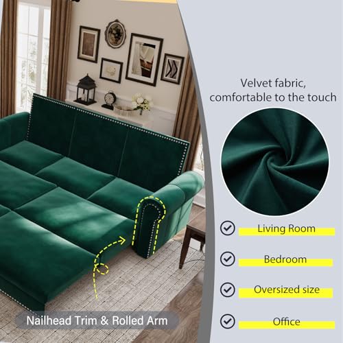 Image of Eafurn 93.7 inch King Size Pull Out Sofa Bed, 3-in-1 Convertible Sleeper Sofa Couch Bed with Nailhead Decor and Rolled Arms, Velvet Oversized Chesterfield Loveseat Chaise Lounge