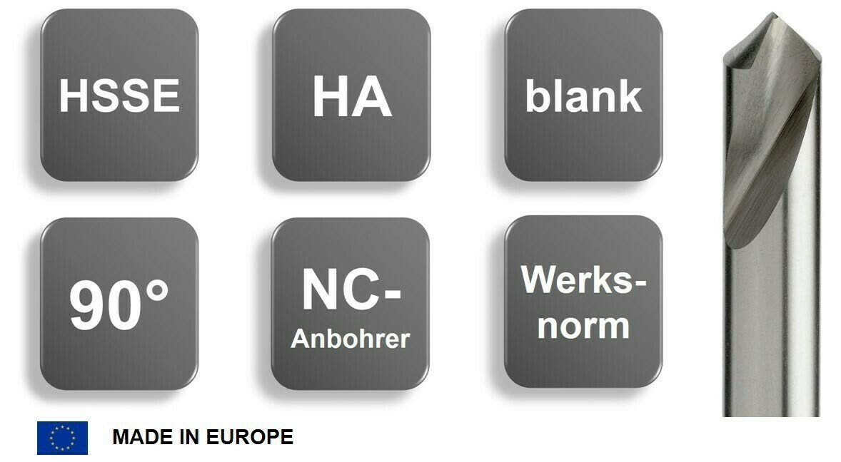 HSSE NC Anbohrer, 90°, Blank oder TIN, Ø 2 bis 25 mm zum präzisen Zentrieren, Bohren und Anbohren (6,0 mm/Unbeschichtet)