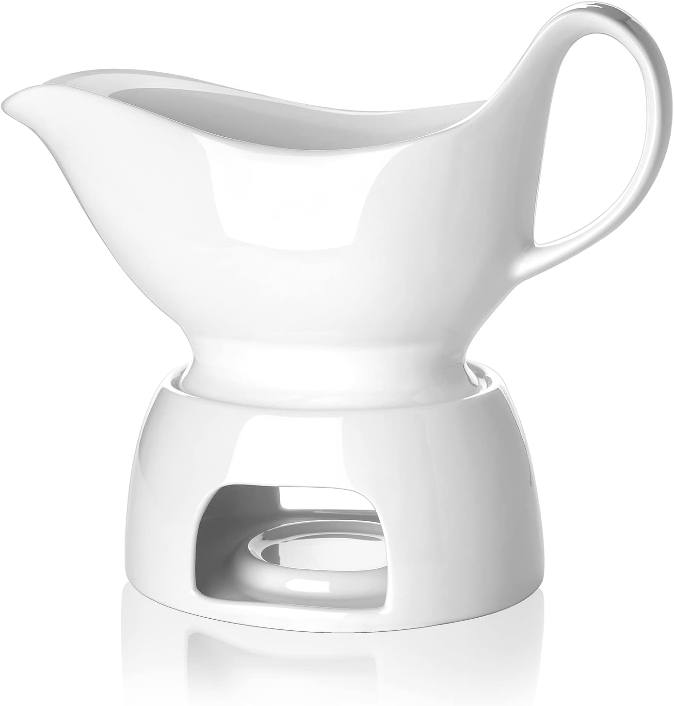 Nucookery Large Classic 17 Oz Gravy Boat with Warmer, White Fine Porcelain Saucier with Big Dripless Lip Spout, Bowl For Thanksgiving, Warming Sauces, Salad Dressings, Milk, Microwave & Freezer Safe
