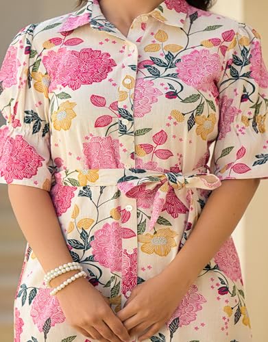 Image of Juniper Pink Floral Printed Cotton Long Dress with Belt