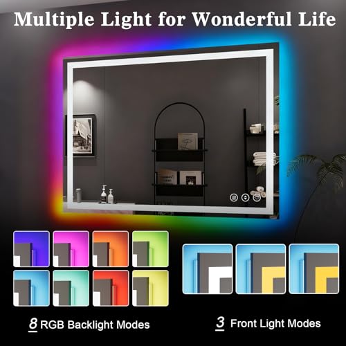 Image of WTTY LED Bathroom Mirror 48 inchx36 inch with RGB Backlit and Front Light,Stepless Dimmable LED Mirror for Bathroom,Colored Lighted Bathroom Vanity Mirror,Anti-Fog,Memory Function,Shatter-Proof