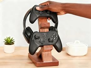 Wooden Game Controller Headset Stand, Rustic Desktop Organizer for Gaming Accessories, Universal Holder for Xbox PS5 Switch Controllers & Headphones, Home Office Game Room Decor