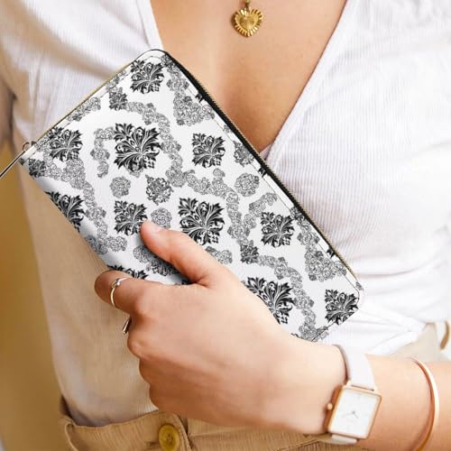 Leather Wallets for Men Women, Slim Credit Card Holder Compartment, Multi-Layer Inner Zip Antique Classical Damask Flowers Pattern Traditional Artwork Wallet 6