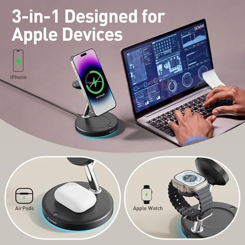 2024 3 in 1 Charging Station Compatible with Magsafe Charger Wireless Charger Stand for iPhone 16 15 14 13 12 Series Wireless Charging Station for AirPods Wireless Charging Stand for iWatch Series
