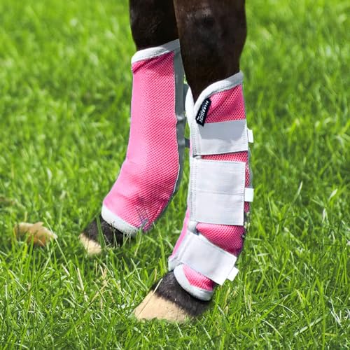 Image of Harrison Howard Horse Fly Boots Leg Guards Fly Boots Protection Set of 4 Magenta Large Full Size