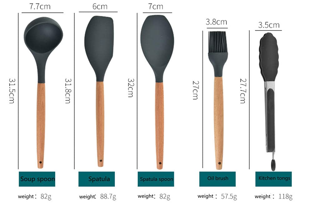 Ustensiles de Cuisine en Silicone, poignées en Bois Set de spatule, ustensiles de Cuisson Grises pour casseroles Non-bâton, spatules en Silicone pour Cuisson Cuisine Gadgets outils-11pcs-01