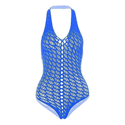 Vorifun Women Fishnet Lingerie V-Neck Sleepwear One Size One Piece Babydoll Mini Dress Blue Cover