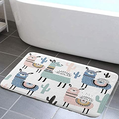 Cute Llama Alpaca Bath Mat Funny Kids Cartoon Animal Colorful Llama Cactus Decor Kitchen Floor Mat Soft Flannel Mats Non Slip Kitchen Rugs Bath Rug Runner Carpet for Bathroom Bedroom, 17 x 29 Inch Cover