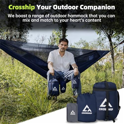 Image of Camping Hammock with Mosquito Net, 2 Person Hammock Bug Net, Portable, Parachute Nylon for Outdoor, Camping, Hiking, Backpacking, Backyard, Beach, Travel (Hold Up to 500lbs) (Midnight Blue)