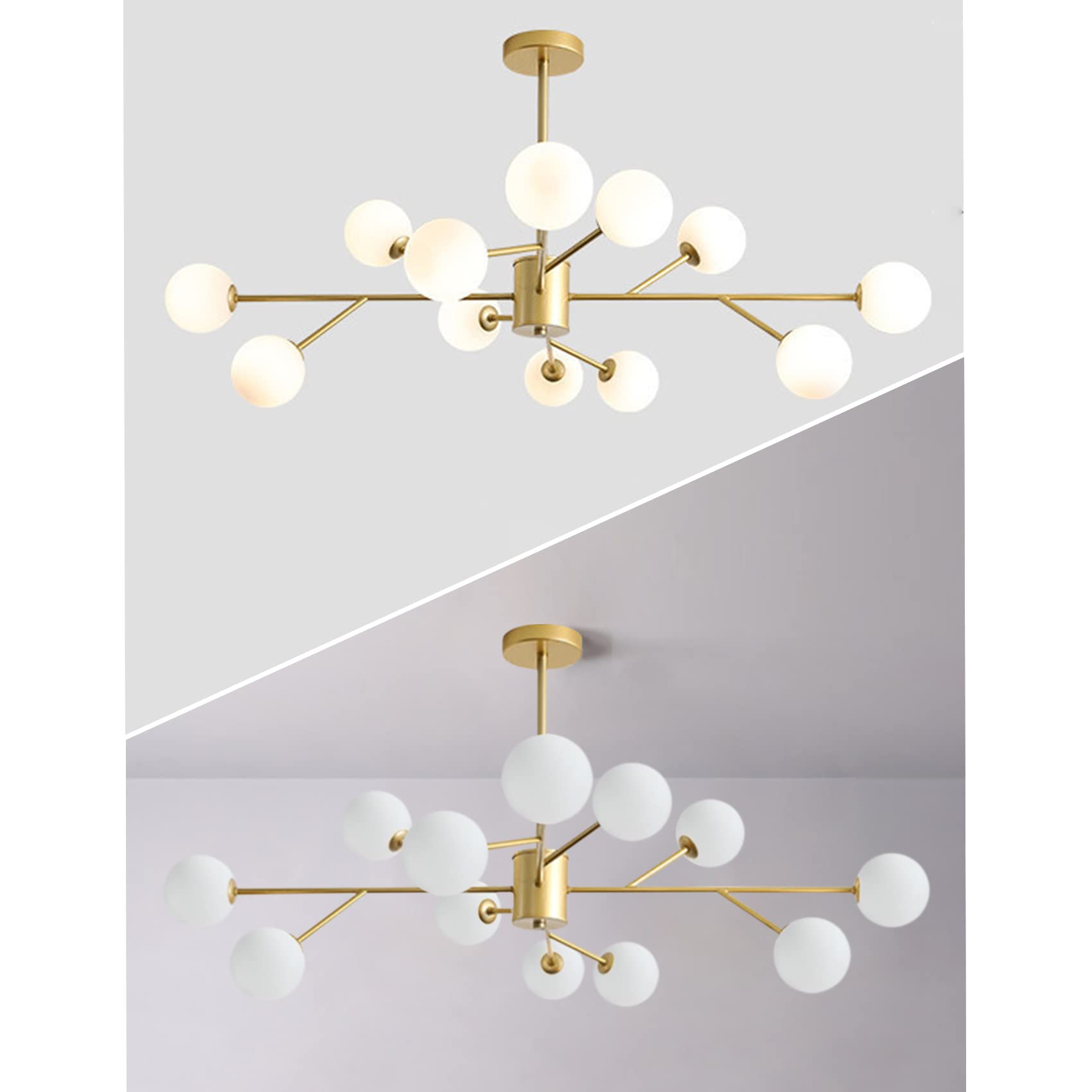 Lámpara de Araña Sputnik Dorado Bola Vidrio Mid-Century 12 Luces | Lamparas de Techo Sputnik Altura Ajustable, Lampara Colgante Techo G9, Sin Bombilla, para Salón Dormitorio Comedor Cocina