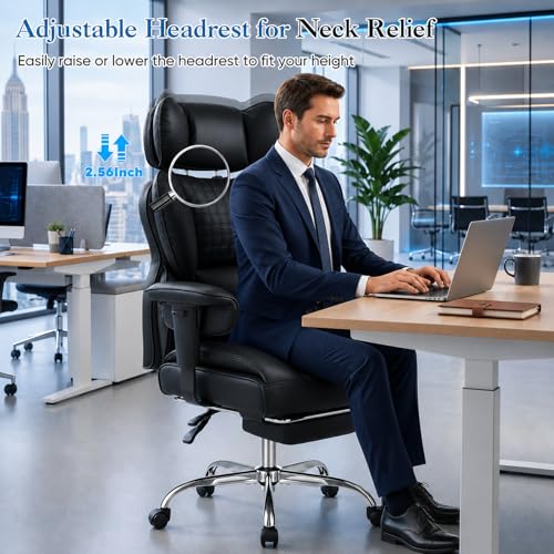 Image of Big and Tall Office Chair 350 LBS, Scratch-Resistant PU Leather Executive Office Desk Chair with Footrest, Ergonomic Reclining Computer Chair with Pocket Spring Support for Home Office, Black