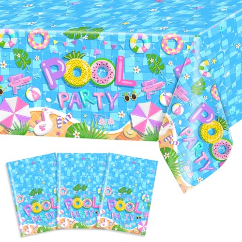 Avezano 3 pcs Summer Pool Party Decorations Pool Party Table Cloth 108 x 54 inch Plastic Disposable Swimming Birthday Party Tablecovers Favors
