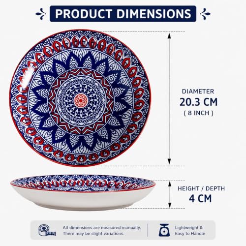 Image of Ceramic Pasta Plate, 20.4 cm Porcelain Dinner Plates, Microwave & Dishwasher Safe, Food Grade Ceramic, Deep Serving Plate for Pasta, Salad, Soup, Curry & Noodles (Mandala Print, Pack of 4)