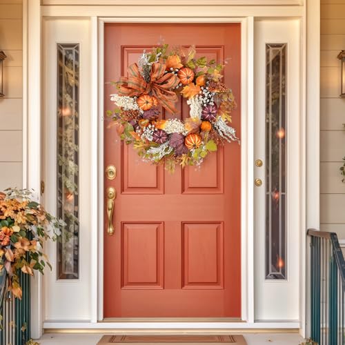 Image of 24 inch Fall Wreaths for Front Door Outside Fall Door Wreath with Pumpkin /Bow Autumn Wreath Fall Decorations for Home Decor Farmhouse Thanksgiving Harvest Halloween Outdoor Indoors Fall Front Porch