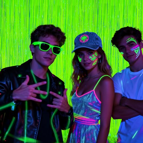 Image of 2 Pack Glow in The Dark Party Streamers, Neon Party Decorations Fluorescent Macaron Yellow Tinsel Foil Fringe Curtains, Photo Booth Prop Backdrop Streamers, Birthday Halloween Party Decorations