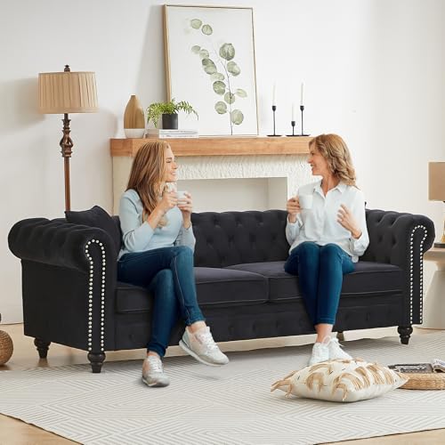 Image of Mid Century Modern Couch, 85.5 inchW Velvet Fabric Button Tufted Oversized Loveseat Sofa with Nailhead Trim & Roll Armrests, Deep Seat Comfy Chesterfield Sofa for Living Room, Office(3 Seater, Dark Black)