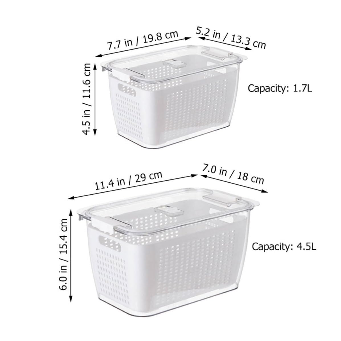 Garneck Boîtes de Conservation Alimentaires 2pcs 1,7l et 4,5l en Pet Blanc Panier Drainant Multifonctionnel pour Réfrigérateur, Prévention des Odeurs et Rangement la Cuisine