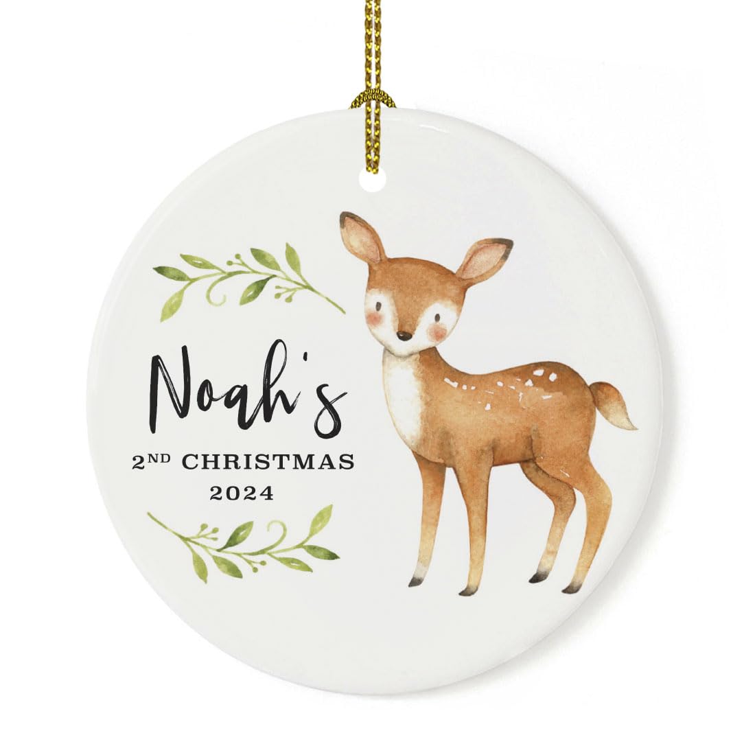 Andaz Press Personalized Name Round Ceramic Porcelain Christmas Tree Ornament Boy's Keepsake, Noah's 2nd Christmas 2024, Watercolor Deer Buck, 1-Pack, Custom 2nd Christmas Ornament 2024