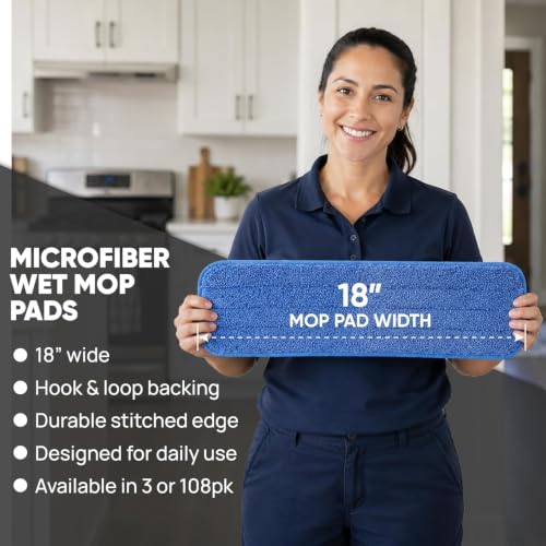 Image of Microfiber Wholesale 18 inch Microfiber Wet Mop Pads, Bulk Case of 108 - Reusable, Machine-Washable Refills with Hook-and-Loop Backing - Fits Standard 18-Inch Flat Mop - Commercial Mop Pad Replacements