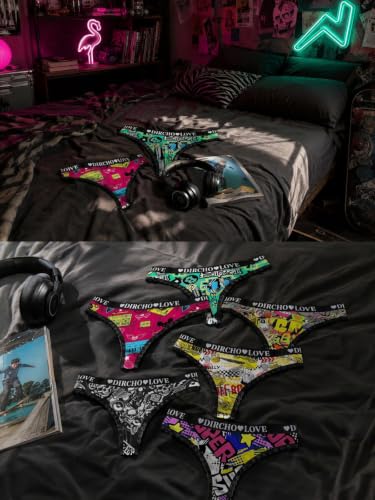 Dircho Women's 6pcs Jacquard Waistband Y2K Graffiti Print Lace Trims Thongs - image 7